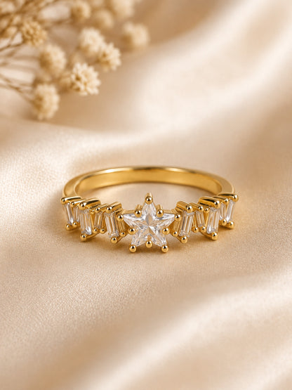 Shafaf Gold-Plated Star & Baguette AD Anti-Tarnish Adjustable Ring