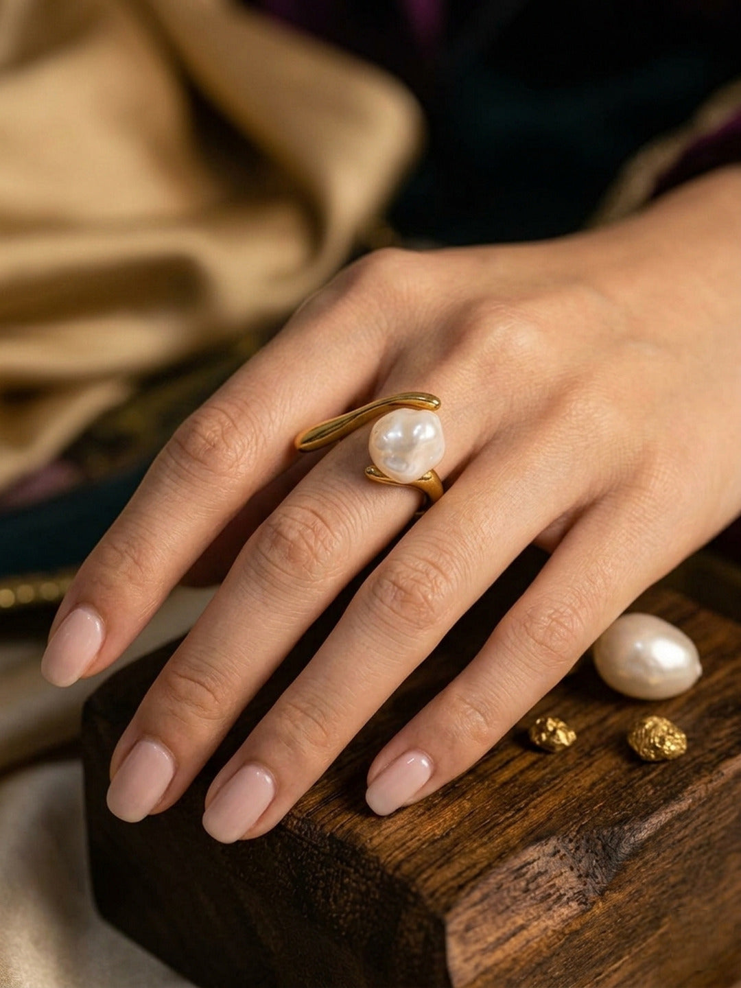 Shafaf Gold Plated Baroque Pearl Bypass Ring for Women, Anti-Tarnish Handmade Irregular Cultured Pearl Statement Ring I Unique Organic Minimalist Jewelry Adjustable Open Band Gifting for Her