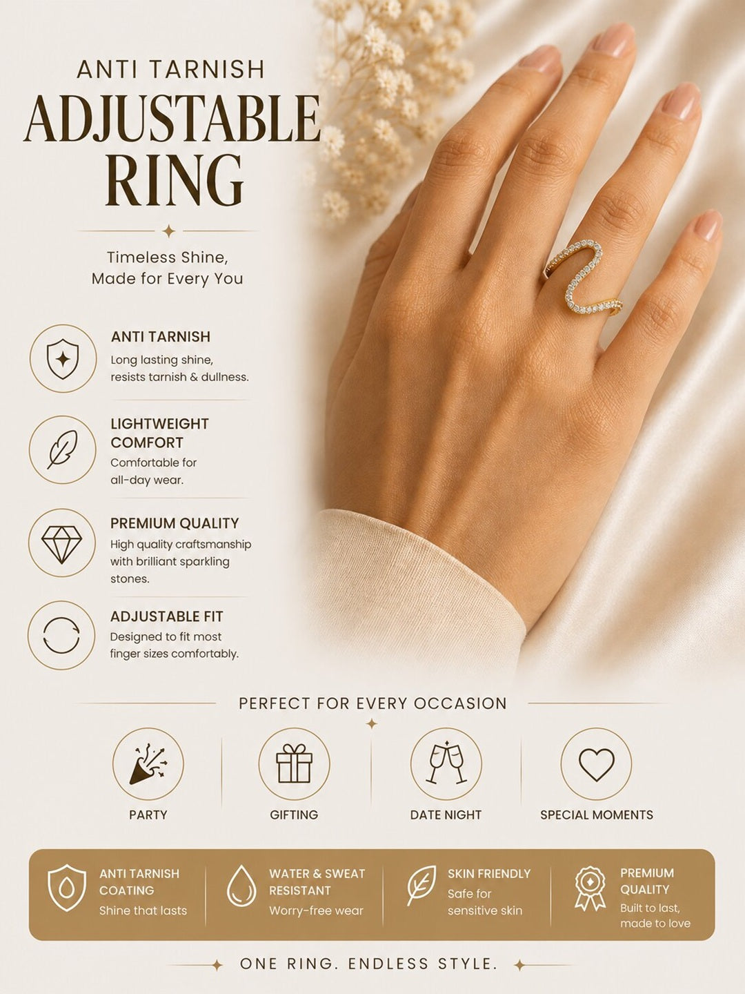Shafaf Gold-Plated Wavy Pave AD Anti-Tarnish Adjustable Ring