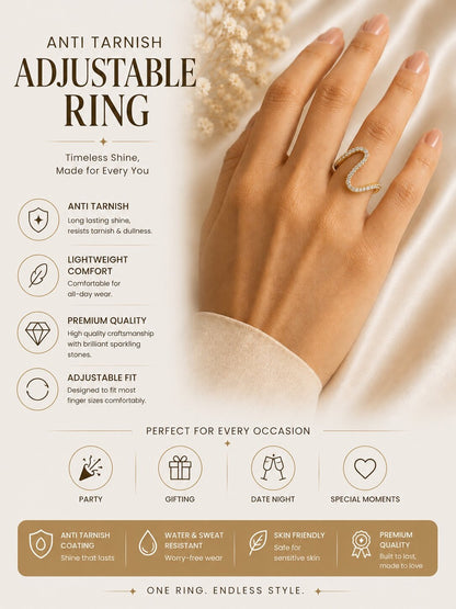 Shafaf Gold-Plated Wavy Pave AD Anti-Tarnish Adjustable Ring
