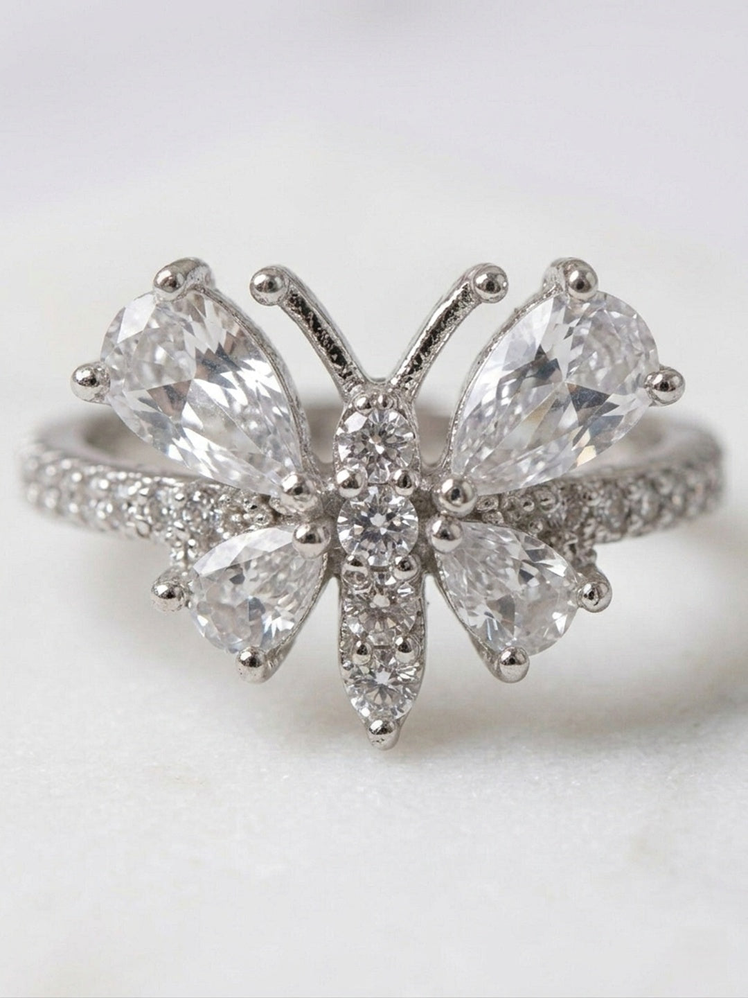 Shafaf Butterfly Ring for Women and Girls | Sparkling Pear-Cut American Diamond Inlaid Butterfly Wing Statement Ring