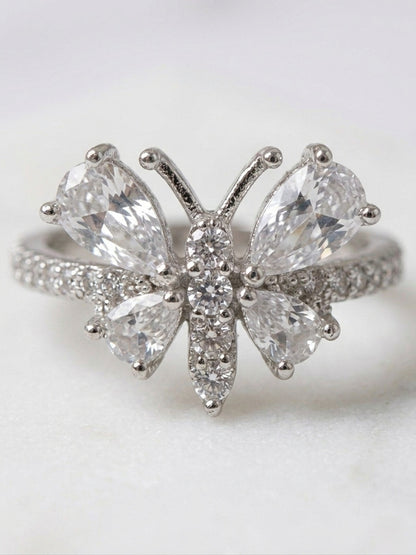Shafaf Butterfly Ring for Women and Girls | Sparkling Pear-Cut American Diamond Inlaid Butterfly Wing Statement Ring