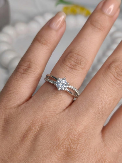 Shafaf Round American Diamond Ring, Silver-Toned, Six-Prong Setting with Pave Band