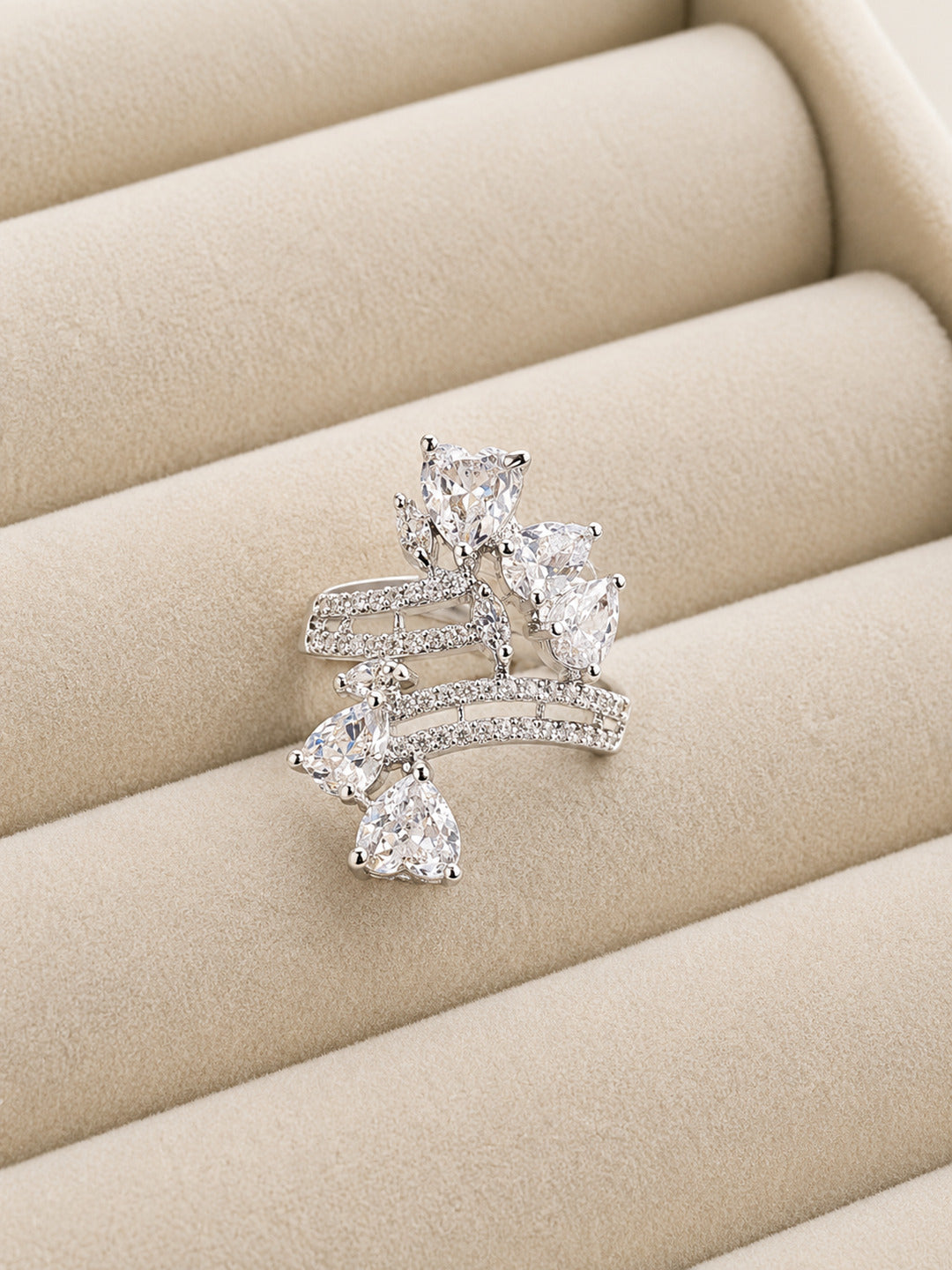 Shafaf Silver-Plated Sparkling AD Stone Cluster Adjustable Ring