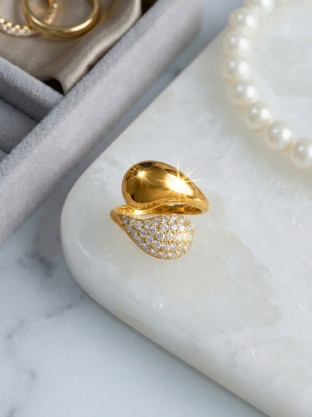 Shafaf Anti Tarnish Engagement Ring, Pave Set Band Bridal Jewellery, golden Color