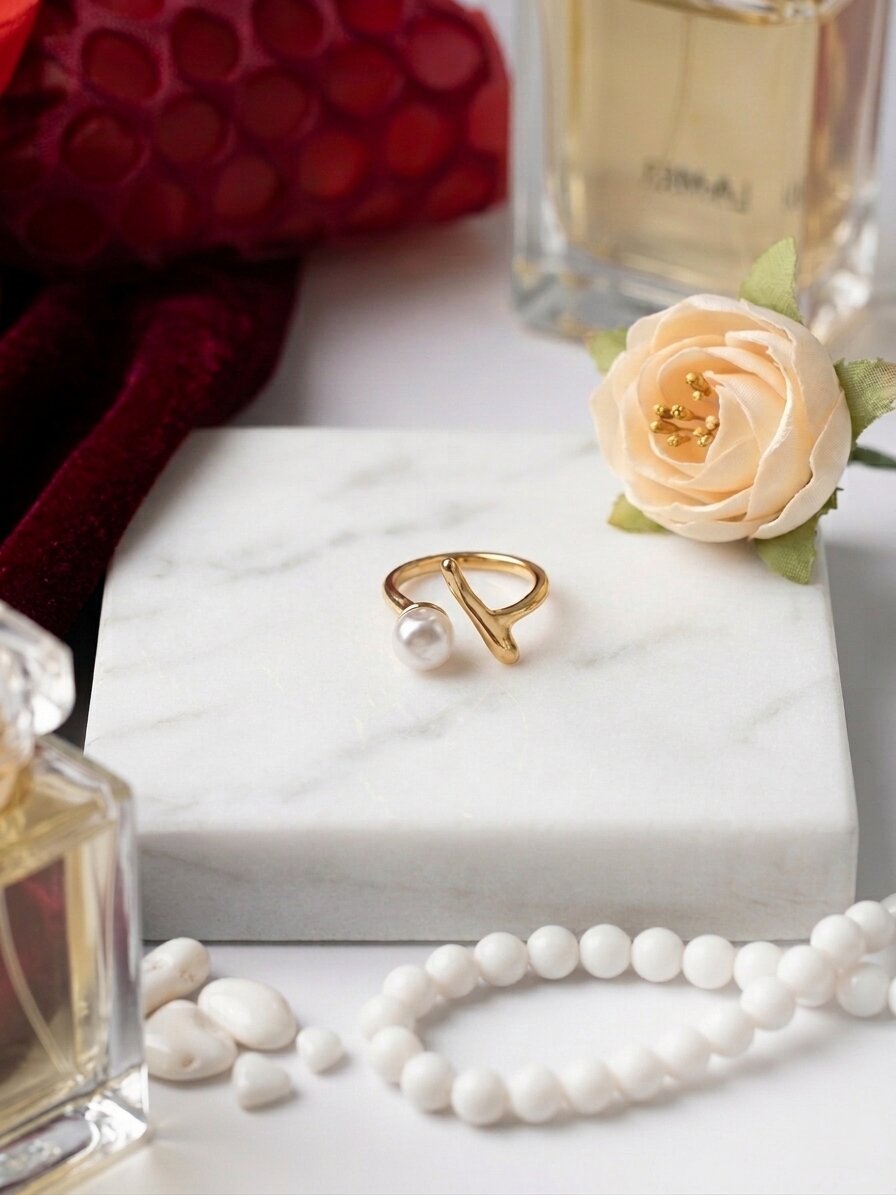 Shafaf Gold Plated Sculptural Pearl Open Ring for Women I Anti-Tarnish Abstract Branch Statement Ring, Unique Organic Minimalist Pearl Jewelry I Adjustable Artisan Bypass Band