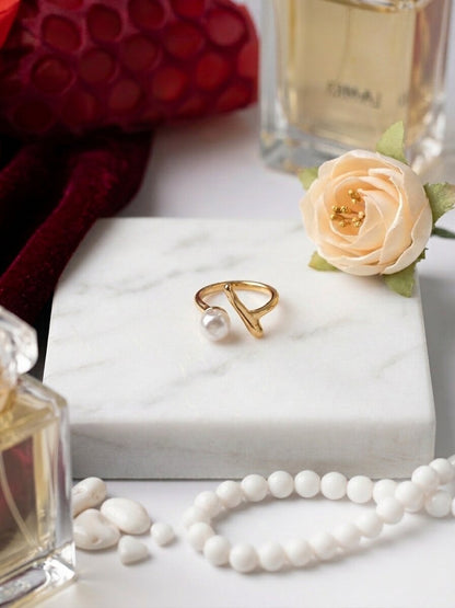 Shafaf Gold Plated Sculptural Pearl Open Ring for Women I Anti-Tarnish Abstract Branch Statement Ring, Unique Organic Minimalist Pearl Jewelry I Adjustable Artisan Bypass Band