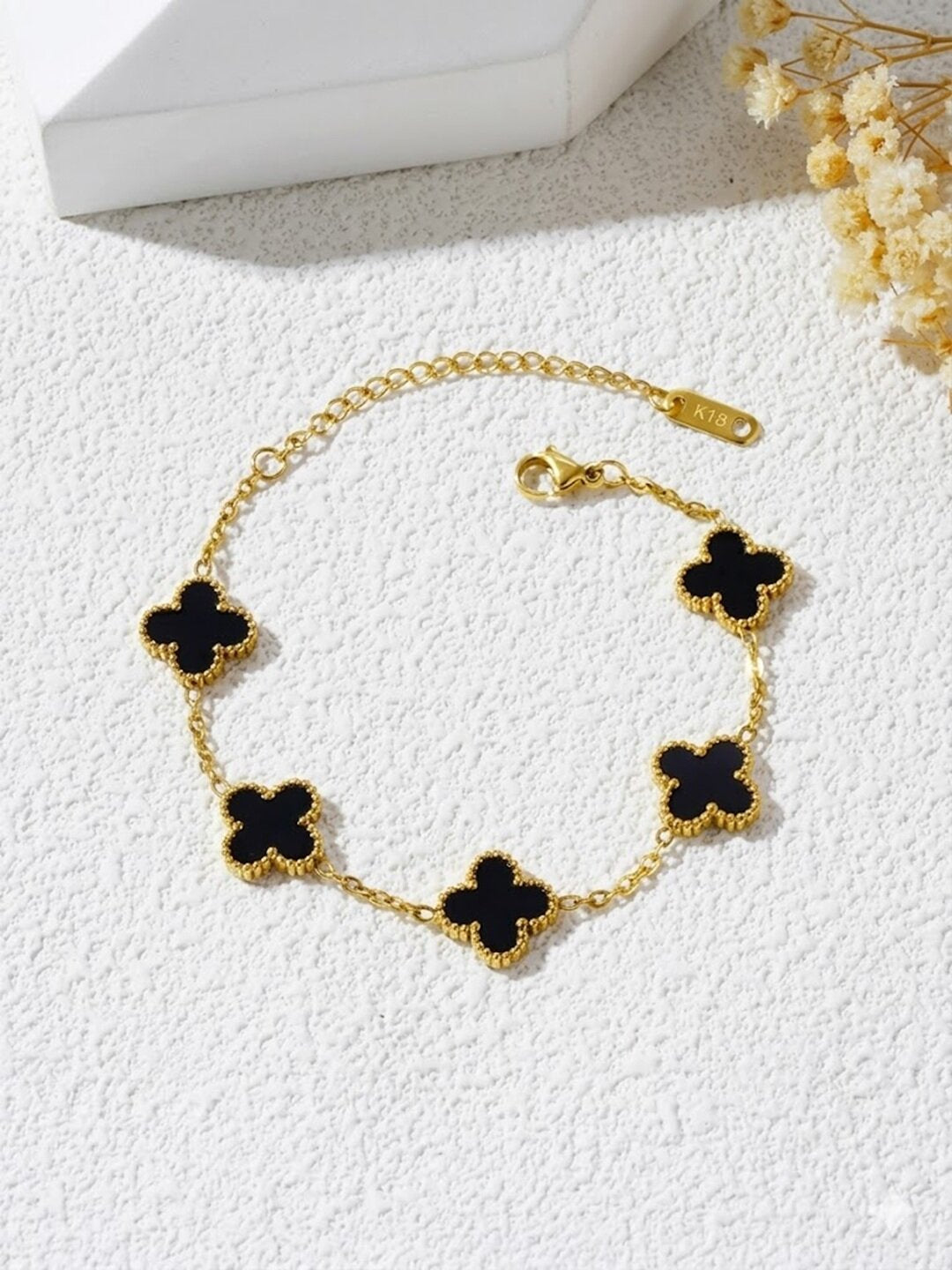Shafaf Women's Reversible Clover Bracelet, Gold Chain with Black Motifs, Adjustable Length