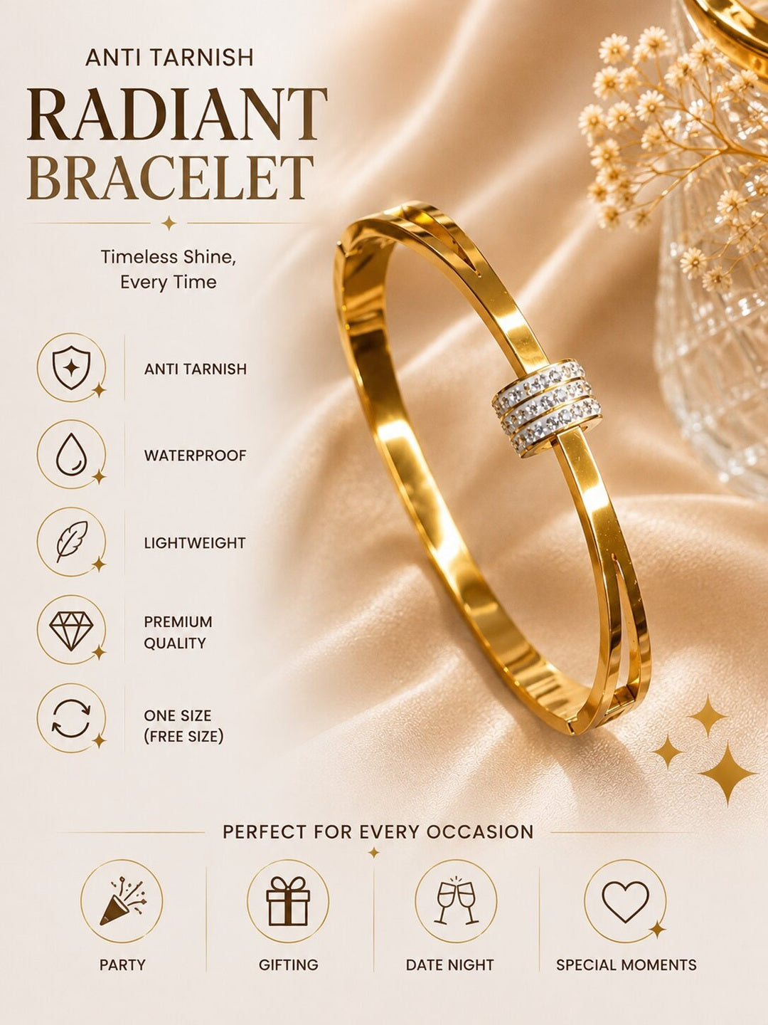 Shafaf Gold-Plated Pave AD Barrel Center Anti-Tarnish Adjustable Bracelet