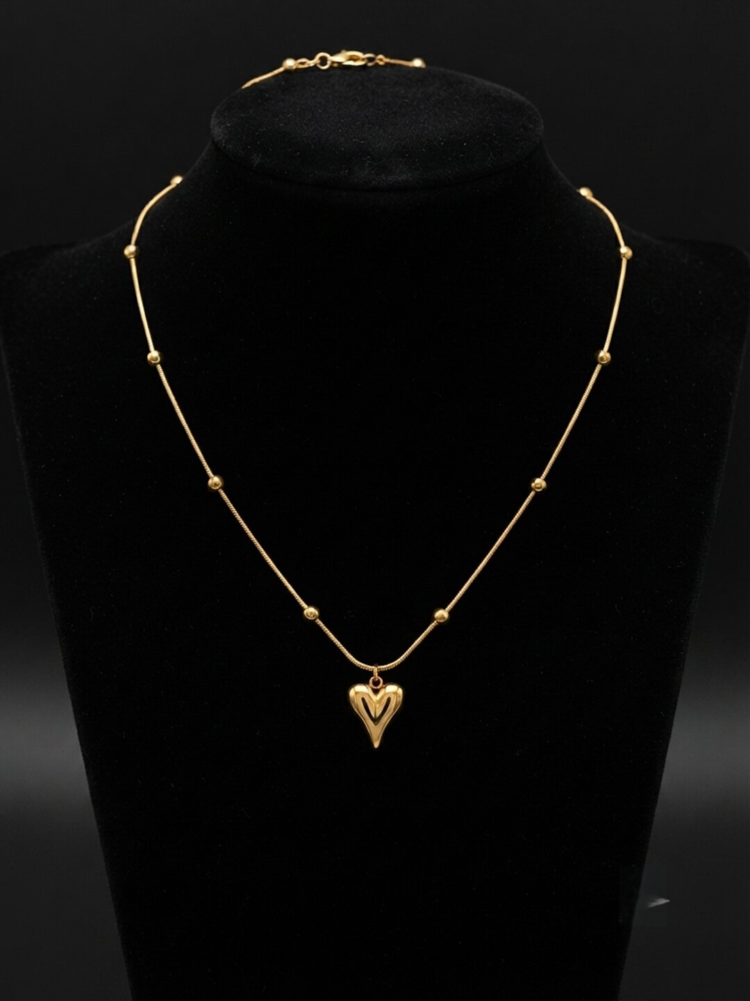 Shafaf Gold Puffed Heart Pendant with Beaded Chain for Women