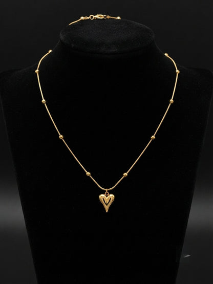 Shafaf Gold Puffed Heart Pendant with Beaded Chain for Women