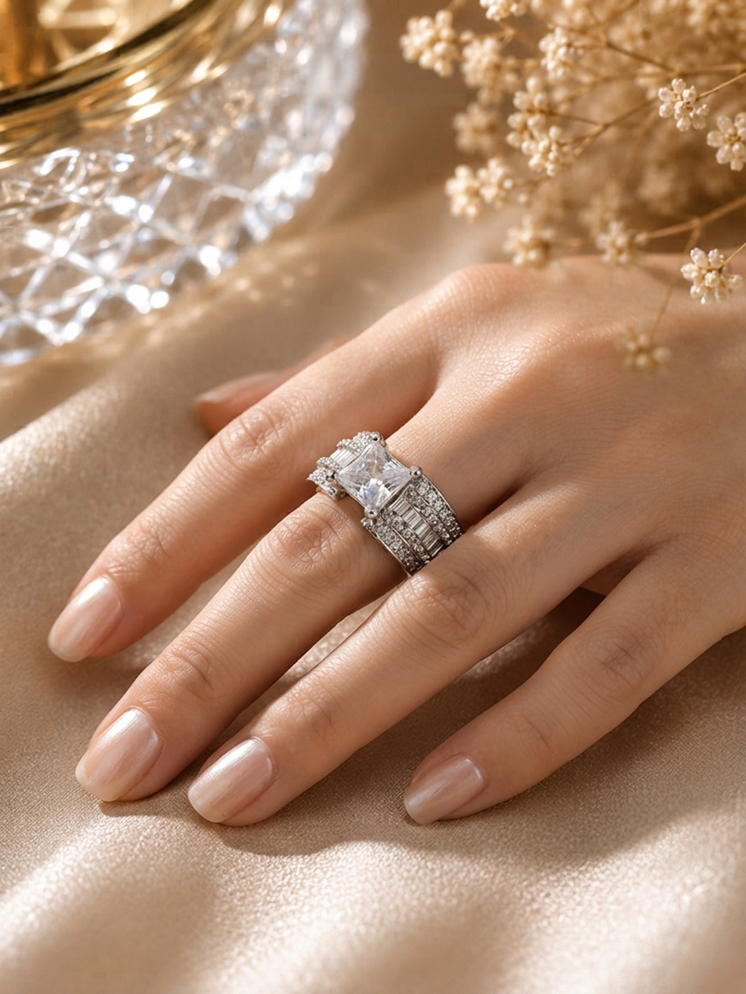 Shafaf Silver-Plated Princess Cut & Baguette AD Anti-Tarnish Adjustable Ring