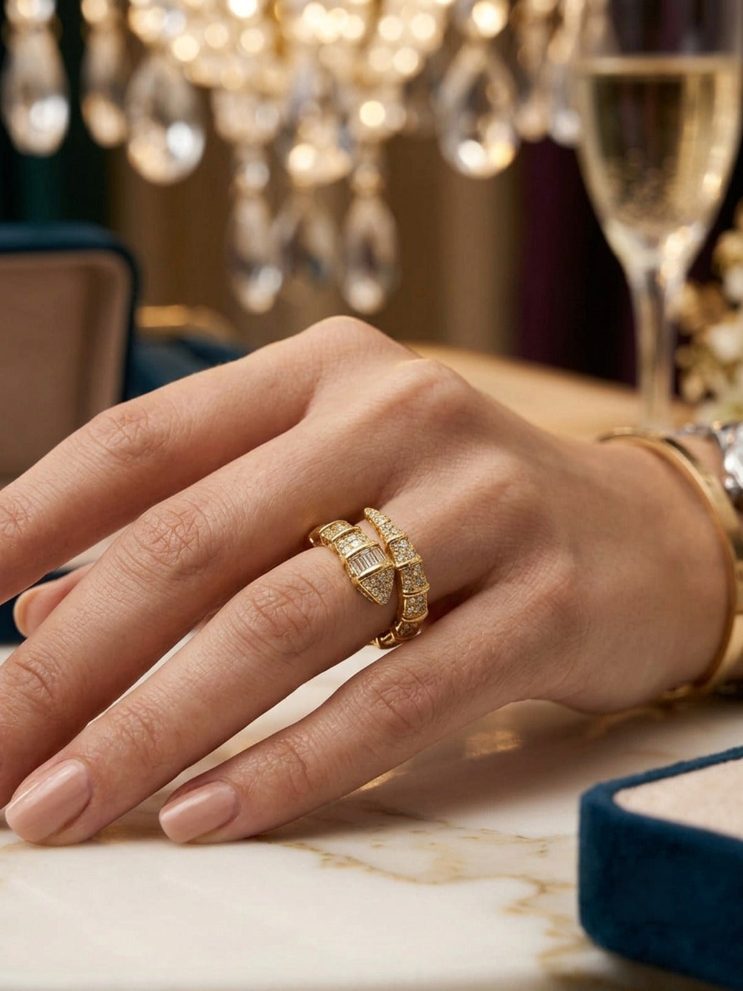 Shafaf Gold-Plated Croissant Dome Baguette & Pave AD Anti-Tarnish Adjustable Ring