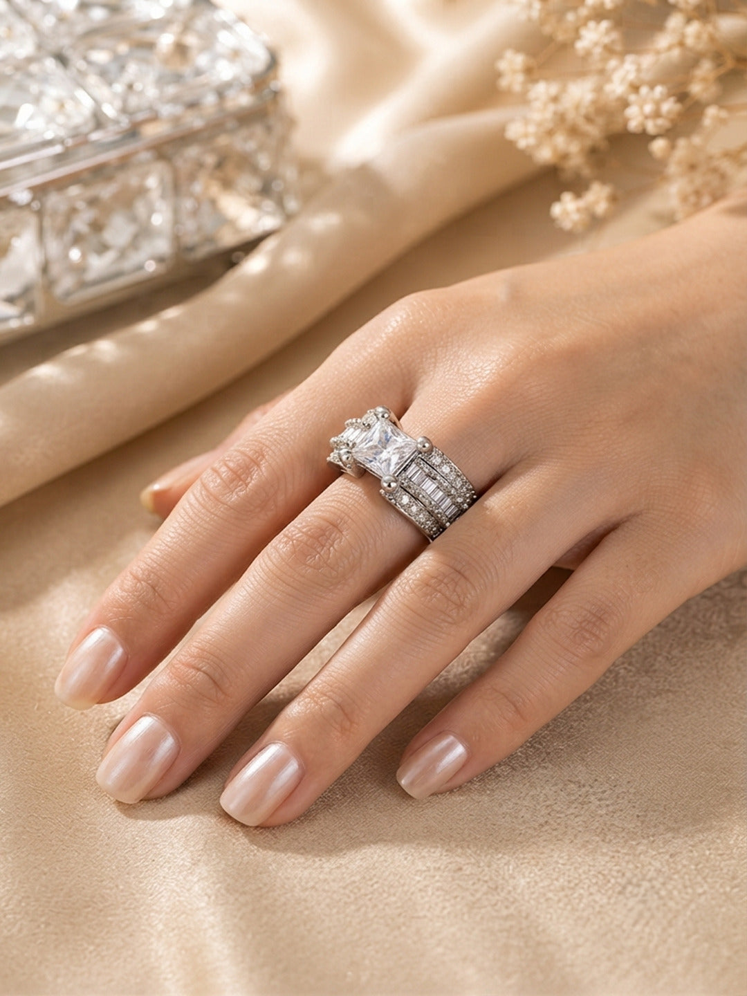 Shafaf Silver-Plated Princess Cut & Baguette AD Anti-Tarnish Adjustable Ring