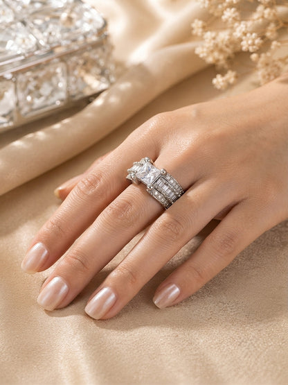 Shafaf Silver-Plated Princess Cut & Baguette AD Anti-Tarnish Adjustable Ring