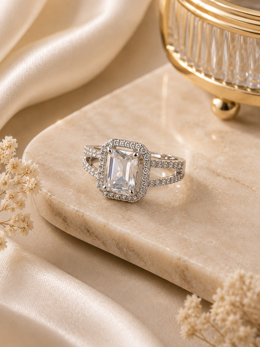 Shafaf Silver-Plated Emerald-Cut Halo AD Adjustable Ring