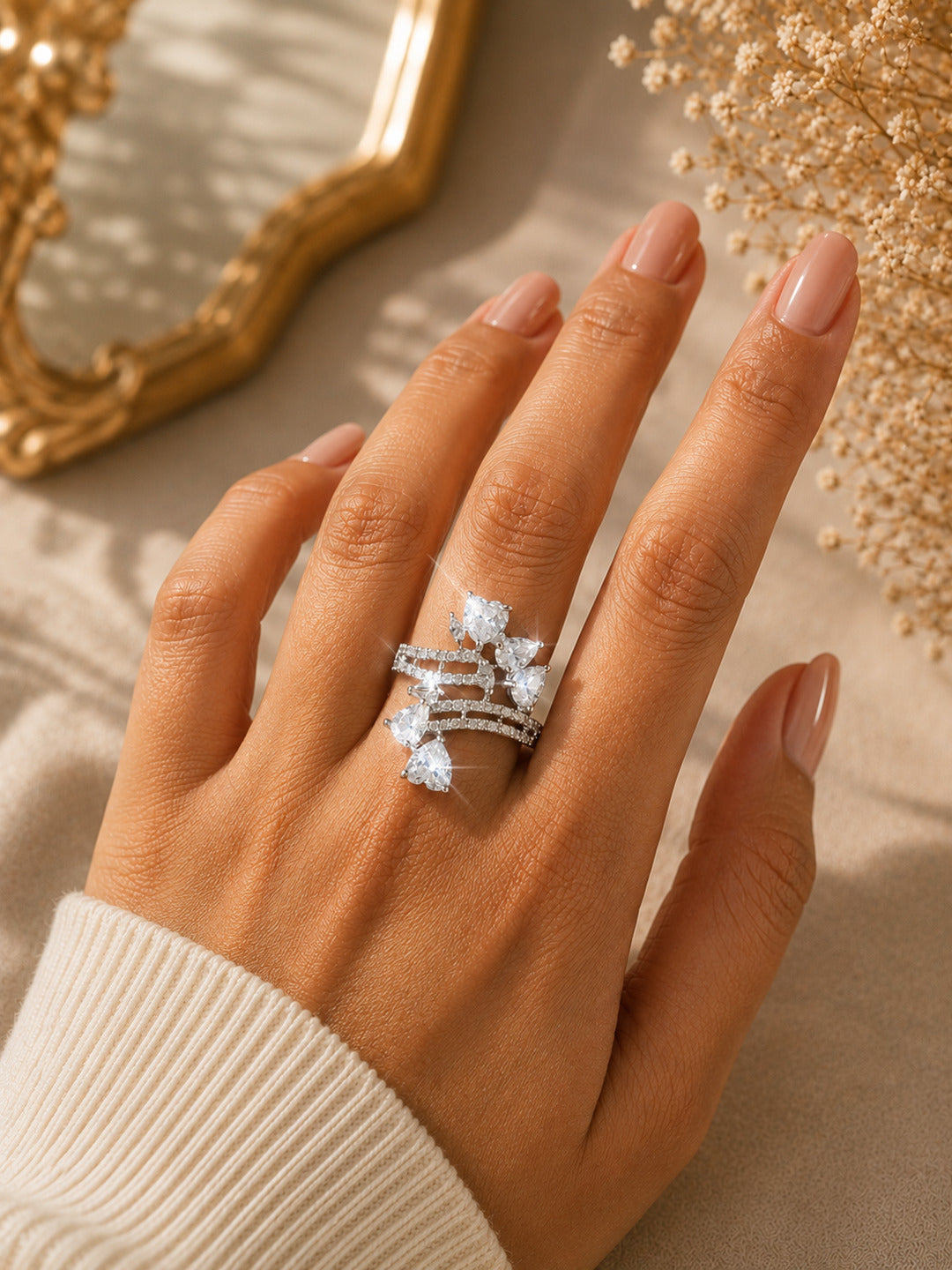 Shafaf Silver-Plated Sparkling AD Stone Cluster Adjustable Ring