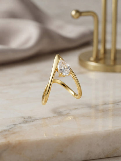Shafaf Gold-Plated V-Shaped Solitaire Adjustable Ring