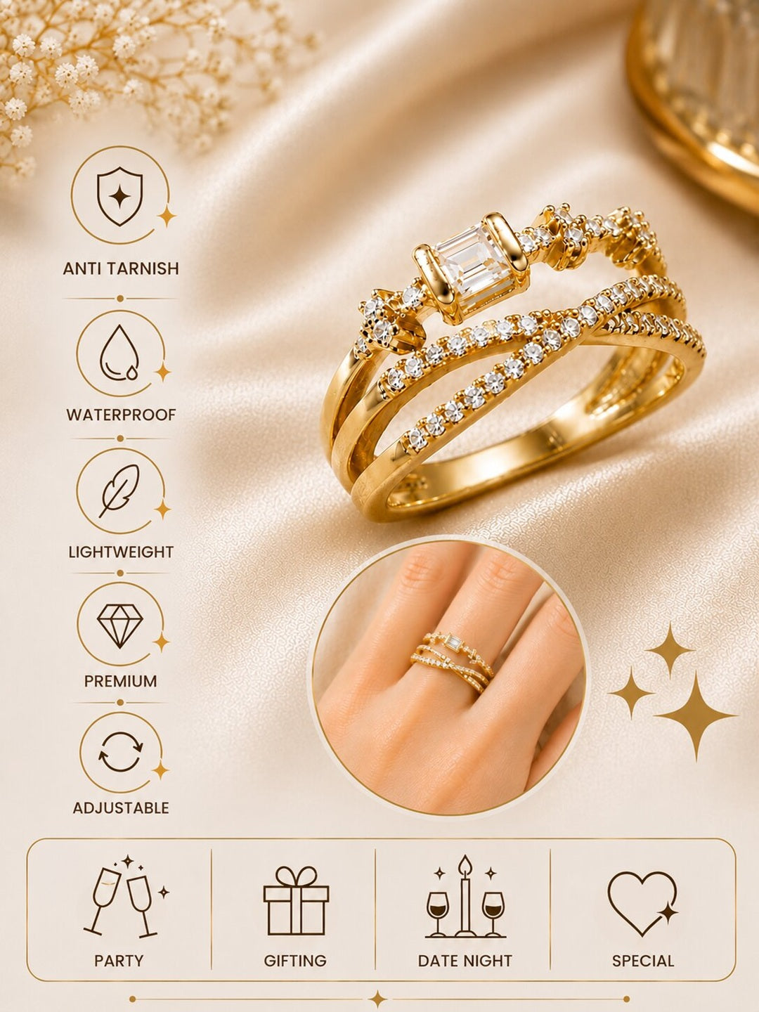 Shafaf Gold-Plated Multi-Band Baguette & Pave AD Anti-Tarnish Adjustable Ring