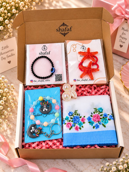 Girls gift set with cute key ring, bracelet, star hair bands and hankie