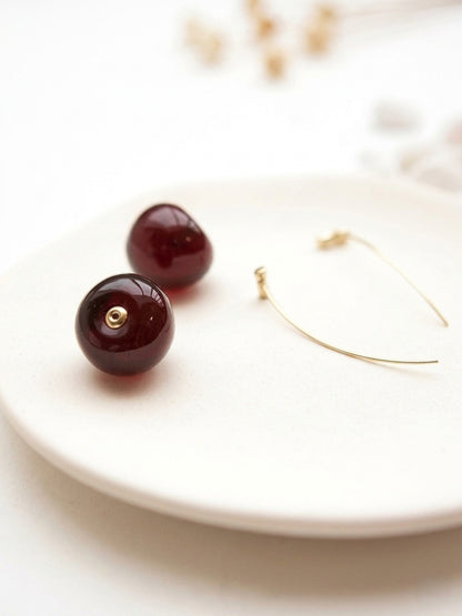 Shafaf Realistic Deep Red Cherry Drop Earrings with Gold Stems For Women and Girls