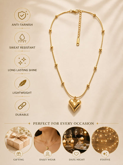Shafaf Gold Puffed Heart Pendant with Beaded Chain for Women