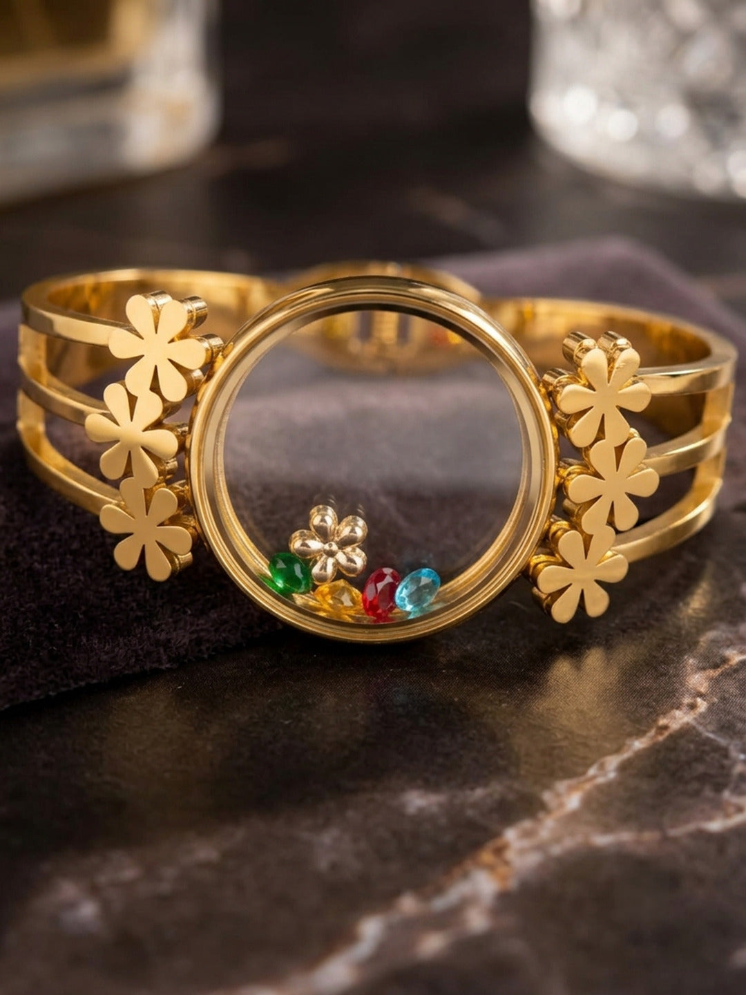 Shafaf Gold-Plated Floating Multi-Color AD Stones Floral Anti-Tarnish Adjustable Bracelet