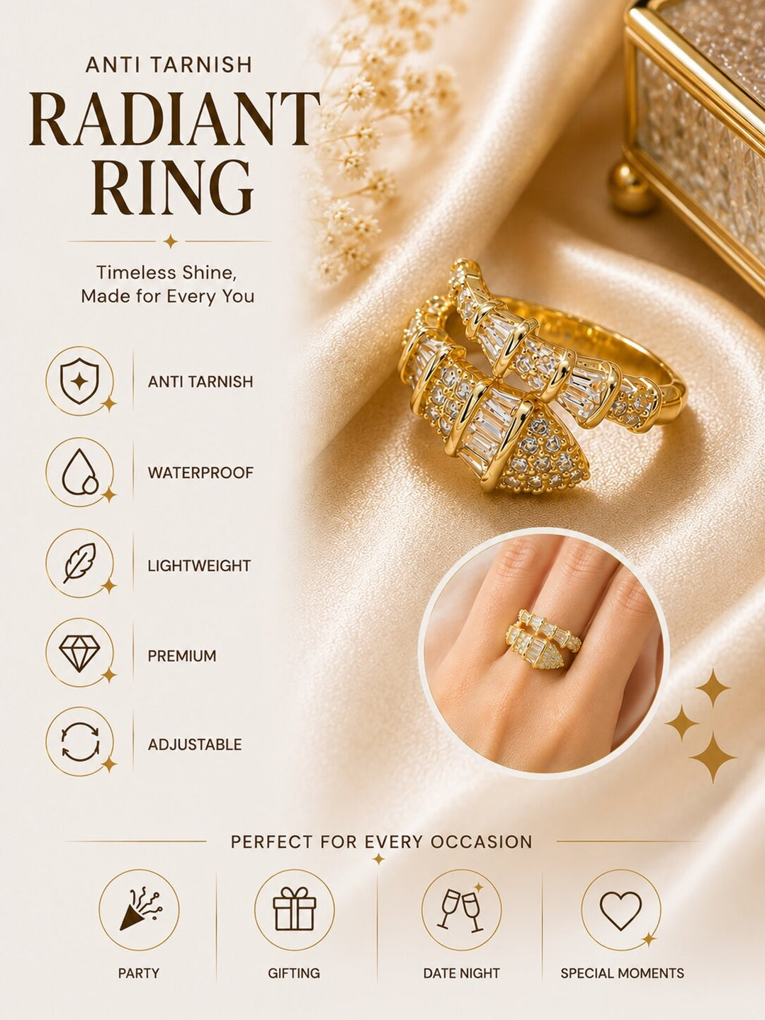 Shafaf Gold-Plated Croissant Dome Baguette & Pave AD Anti-Tarnish Adjustable Ring