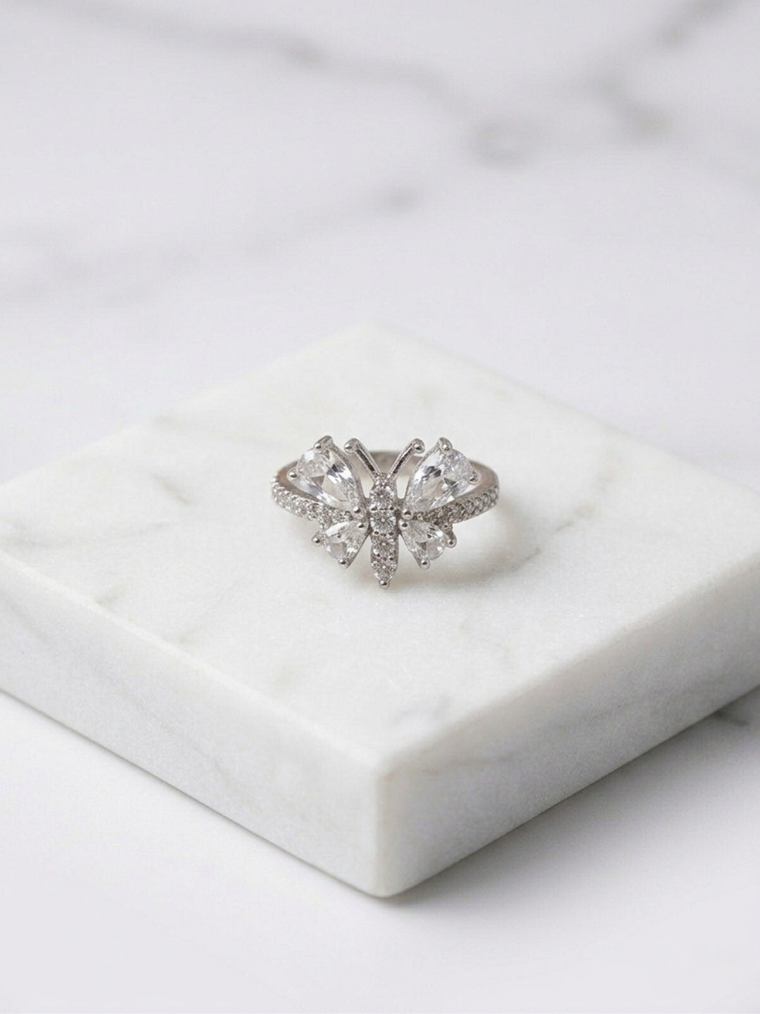Shafaf Butterfly Ring for Women and Girls | Sparkling Pear-Cut American Diamond Inlaid Butterfly Wing Statement Ring