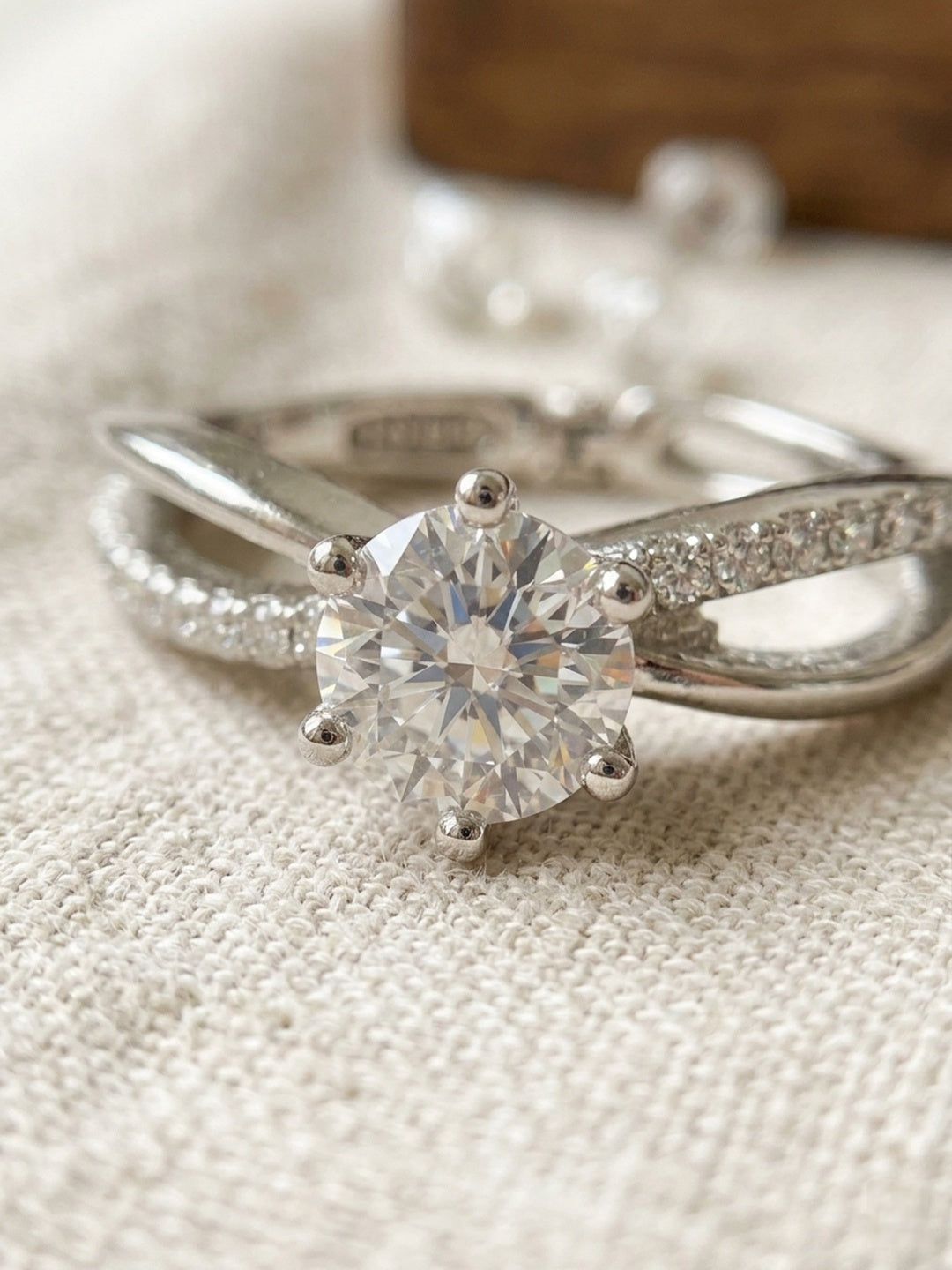 Shafaf Round American Diamond Ring, Silver-Toned, Six-Prong Setting with Pave Band