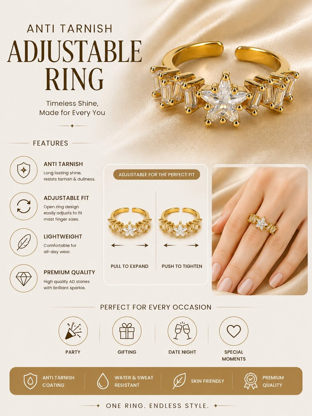 Shafaf Gold-Plated Star & Baguette AD Anti-Tarnish Adjustable Ring