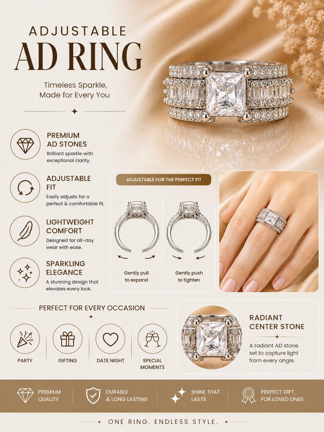 Shafaf Silver-Plated Princess Cut & Baguette AD Anti-Tarnish Adjustable Ring