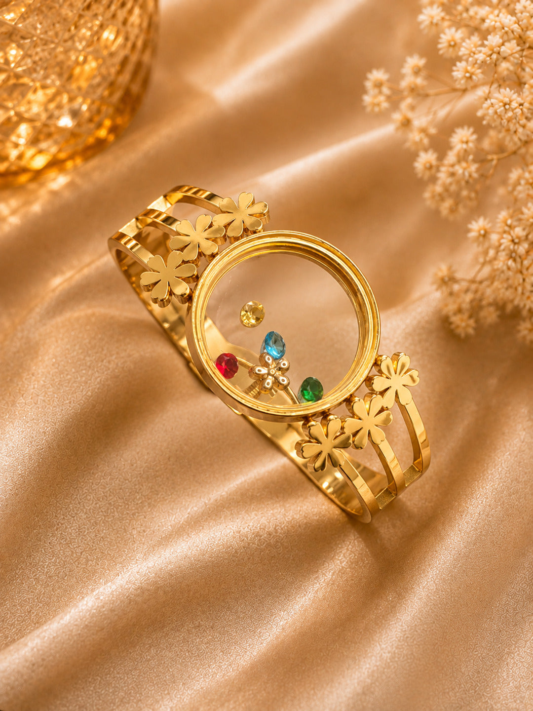 Shafaf Gold-Plated Floating Multi-Color AD Stones Floral Anti-Tarnish Adjustable Bracelet