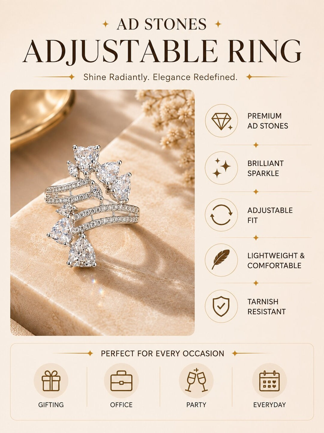 Shafaf Silver-Plated Sparkling AD Stone Cluster Adjustable Ring