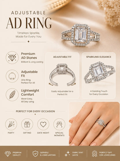 Shafaf Silver-Plated Emerald-Cut Halo AD Adjustable Ring