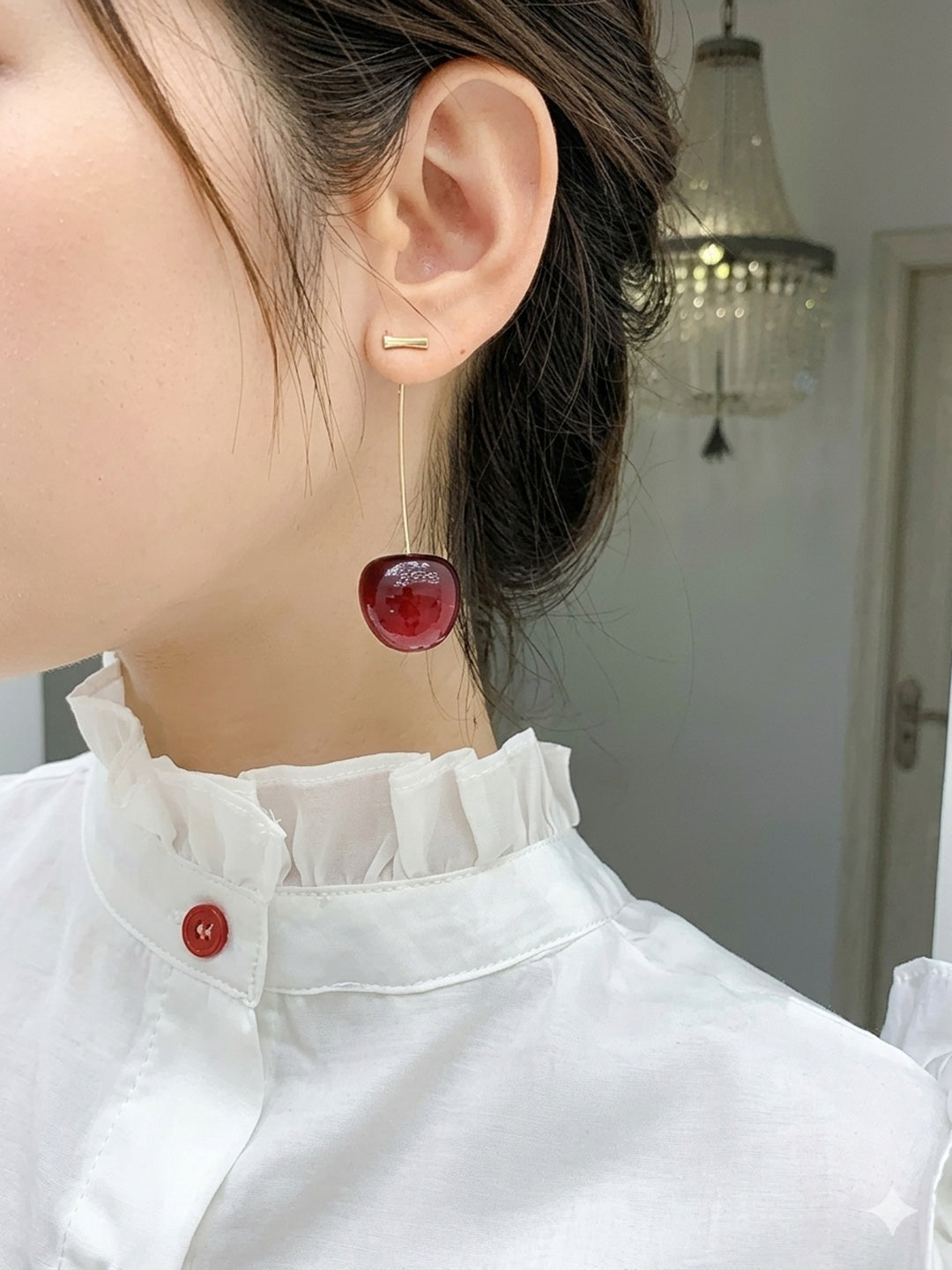 Shafaf Realistic Deep Red Cherry Drop Earrings with Gold Stems For Women and Girls