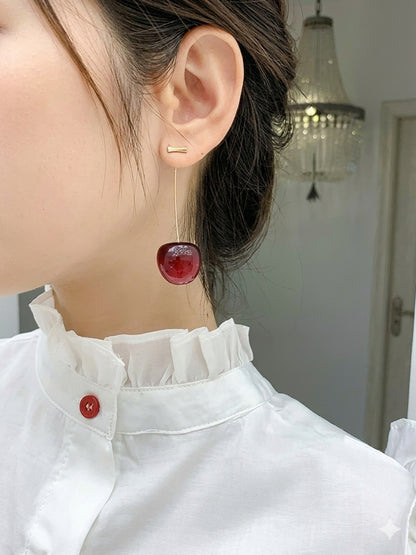 Shafaf Realistic Deep Red Cherry Drop Earrings with Gold Stems For Women and Girls