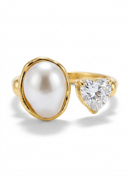Shafaf Gold Plated Heart Cubic Zirconia and Shell Pearl Open Ring for Women I Adjustable Anti-Tarnish Toi et Moi Statement Ring, Romantic Heart Shaped Crystal Jewelry