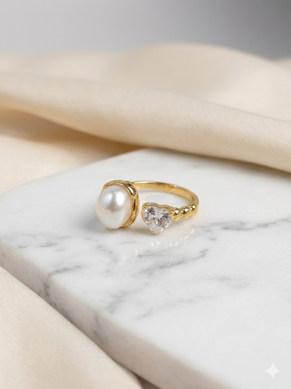 Shafaf Gold Plated Heart Cubic Zirconia and Shell Pearl Open Ring for Women I Adjustable Anti-Tarnish Toi et Moi Statement Ring, Romantic Heart Shaped Crystal Jewelry