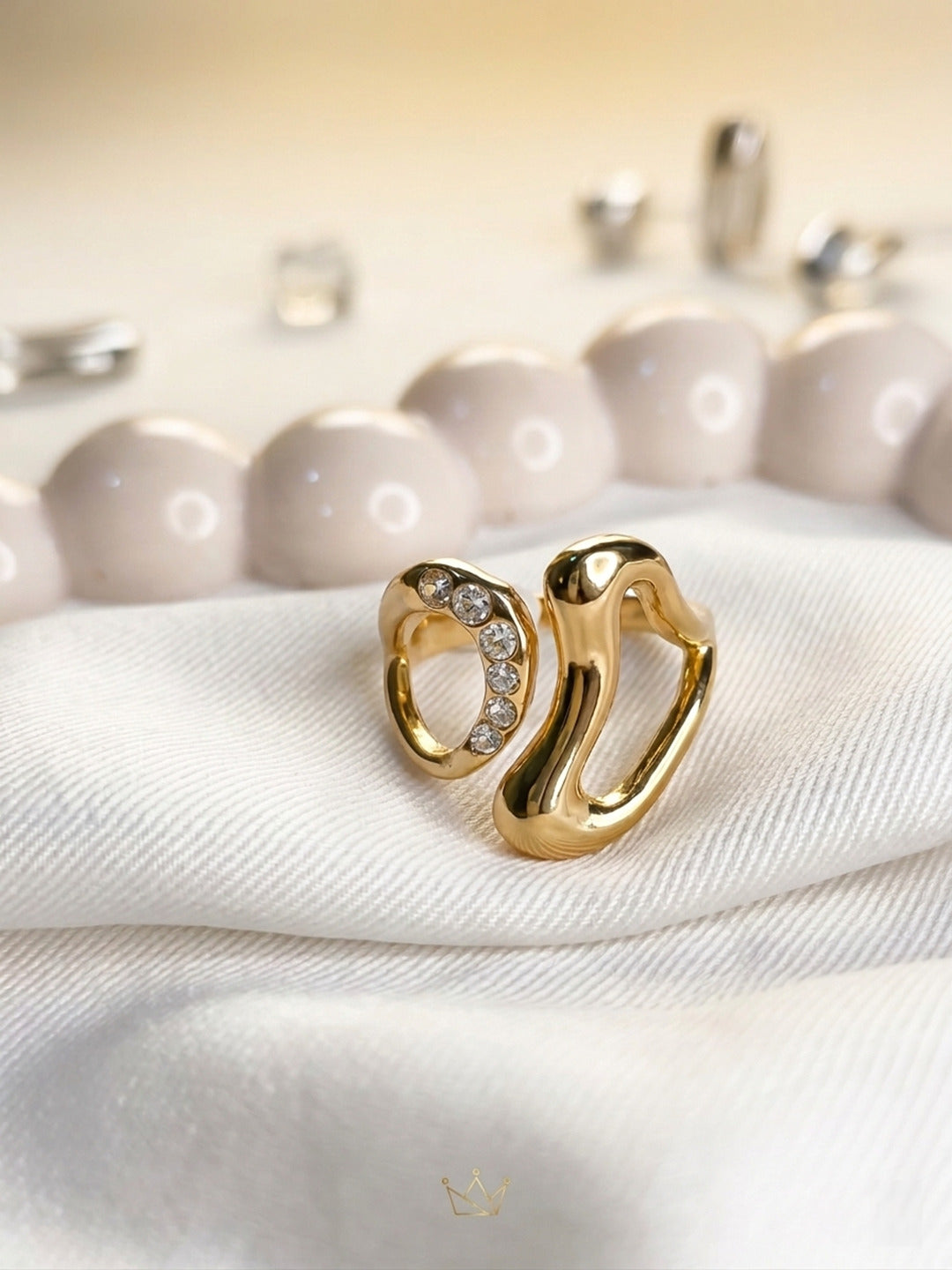 Shafaf Gold Plated Abstract Sculptural Open Ring for Women I Anti-Tarnish Geometric Statement Ring I Artistic Hollow Bypass Design with Sparkling Zirconia I Adjustable Minimalist Jewelry