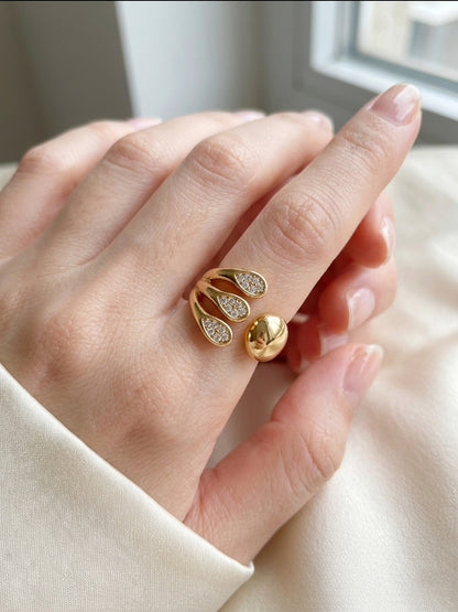 Shafaf Gold Plated Triple Leaf Pavé Open Ring for Women I Anti-Tarnish Sculptural Statement Ring I Artistic Adjustable Bypass Band with Sparkling Zirconia I Modern Geometric Jewelry