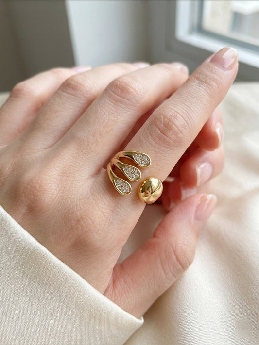 Shafaf Gold Plated Triple Leaf Pavé Open Ring for Women I Anti-Tarnish Sculptural Statement Ring I Artistic Adjustable Bypass Band with Sparkling Zirconia I Modern Geometric Jewelry