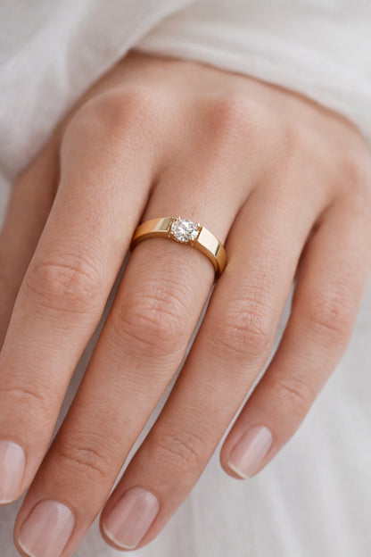 Shafaf Minimalist Solitaire Ring for Women, Premium Gold-Plated Anti-Tarnish Band with Brilliant-Cut Diamond I Sleek Geometric Statement Jewelry for Daily Wear, Anniversary, and Special Occasions
