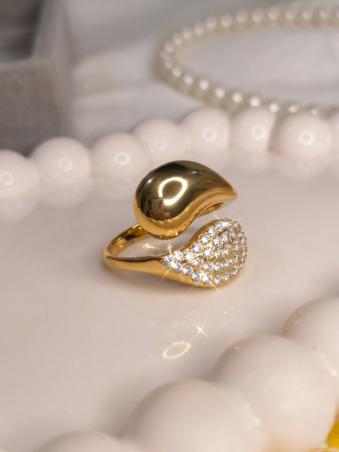 Shafaf Anti Tarnish Engagement Ring, Pave Set Band Bridal Jewellery, golden Color