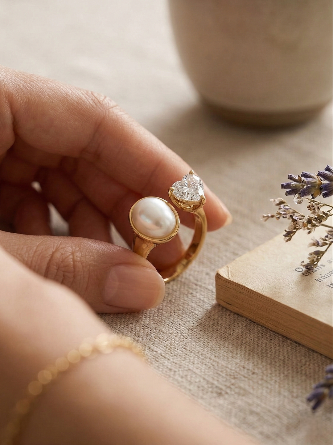 Shafaf Gold Plated Heart Cubic Zirconia and Shell Pearl Open Ring for Women I Adjustable Anti-Tarnish Toi et Moi Statement Ring, Romantic Heart Shaped Crystal Jewelry