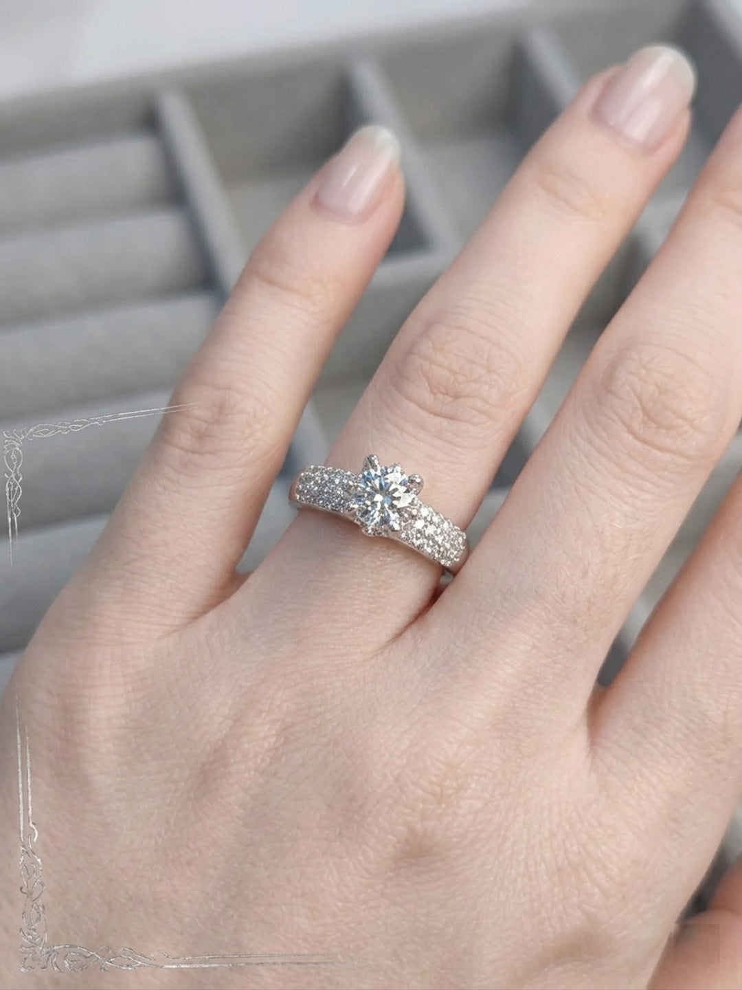 Shafaf Round Brilliant Cut american diamond Engagement Ring, Pave Set Band with CZ Stone, Bridal Jewellery