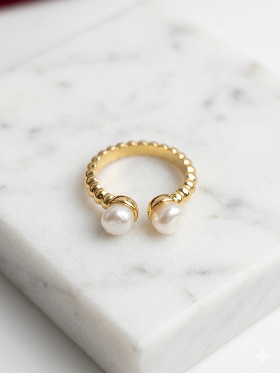 Shafaf Anti-Tarnish Double Pearl Ring for Women, Gold Plated Adjustable Statement Ring I Aesthetic Spiral Band Accessories for Gifting - 1pc