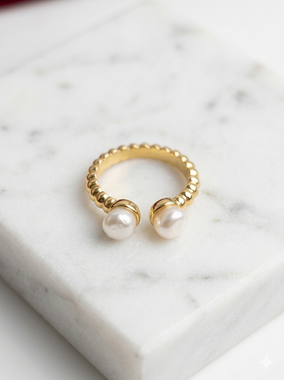 Shafaf Anti-Tarnish Double Pearl Ring for Women, Gold Plated Adjustable Statement Ring I Aesthetic Spiral Band Accessories for Gifting - 1pc