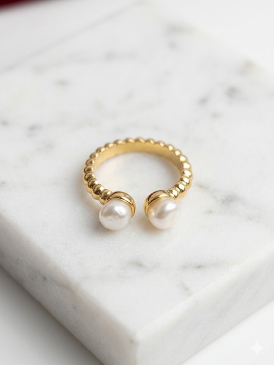 Shafaf Anti-Tarnish Double Pearl Ring for Women, Gold Plated Adjustable Statement Ring I Aesthetic Spiral Band Accessories for Gifting - 1pc