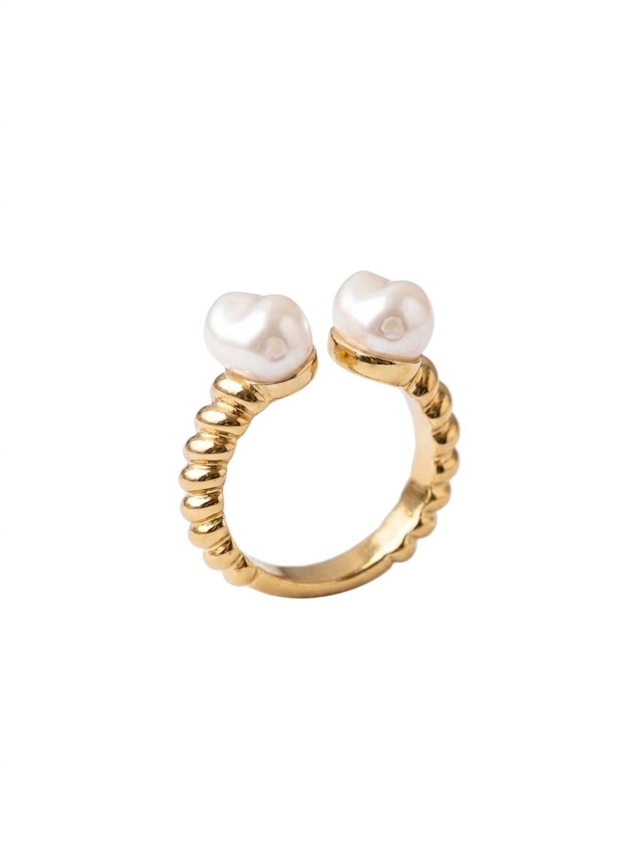 Shafaf Anti-Tarnish Double Pearl Ring for Women, Gold Plated Adjustable Statement Ring I Aesthetic Spiral Band Accessories for Gifting - 1pc